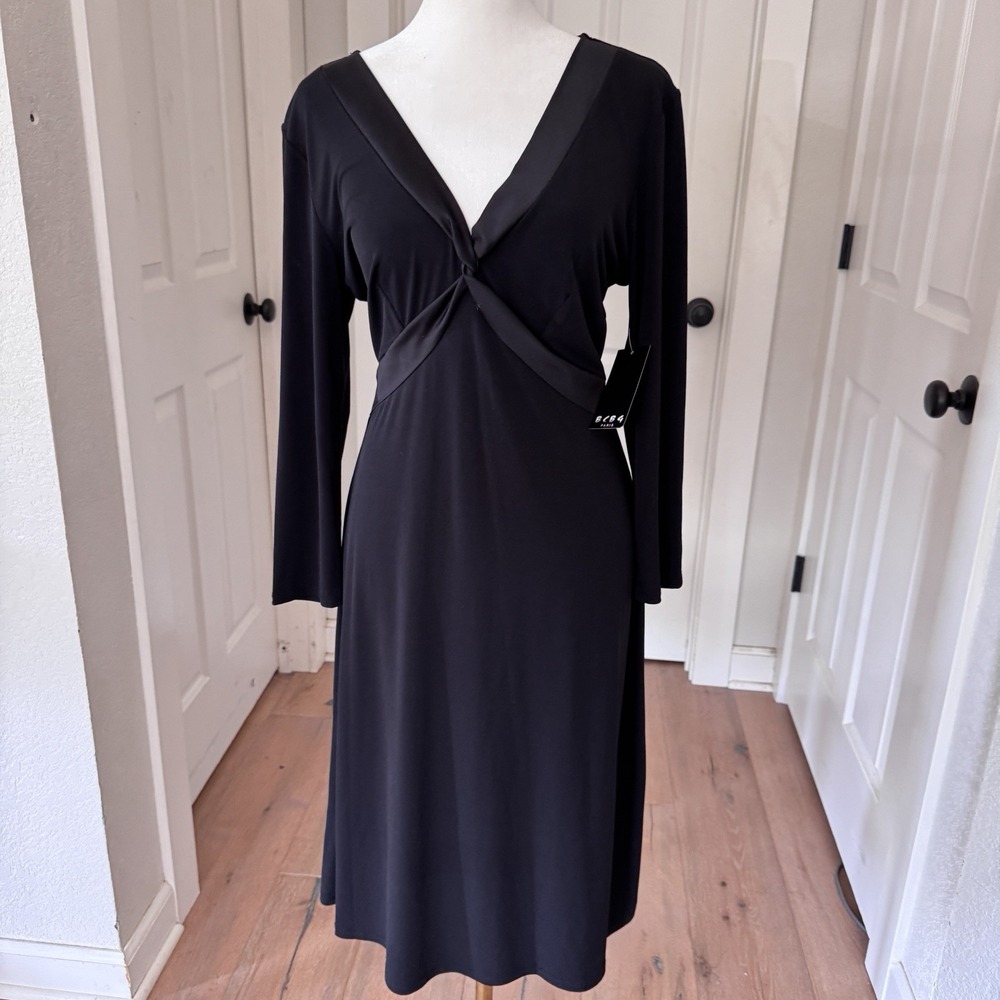 BCBG Paris Little Black Dress  Sexy V Neck 3/4 Sleeve Midi Matte Jersey NWT sz M
